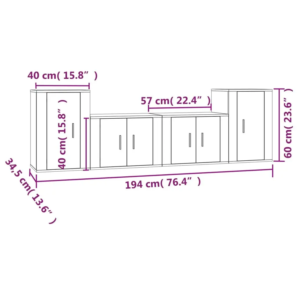 TV Cabinet Set Engineered Wood 4 Piece White Wall-Mounted Storage Unit