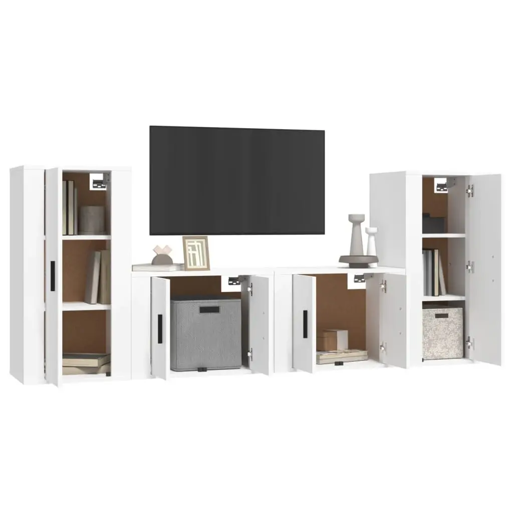 TV Cabinet Set Engineered Wood 4 Piece White Wall-Mounted Storage Unit