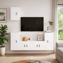 Durable 5 Piece Wall-Mounted TV Cabinet Set in White
