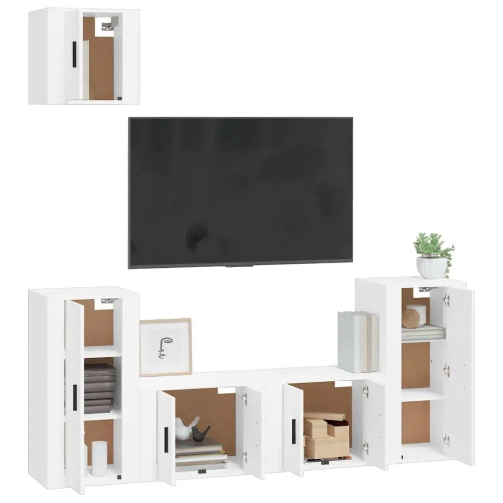 5 Piece White Wall-Mounted TV Cabinet Set