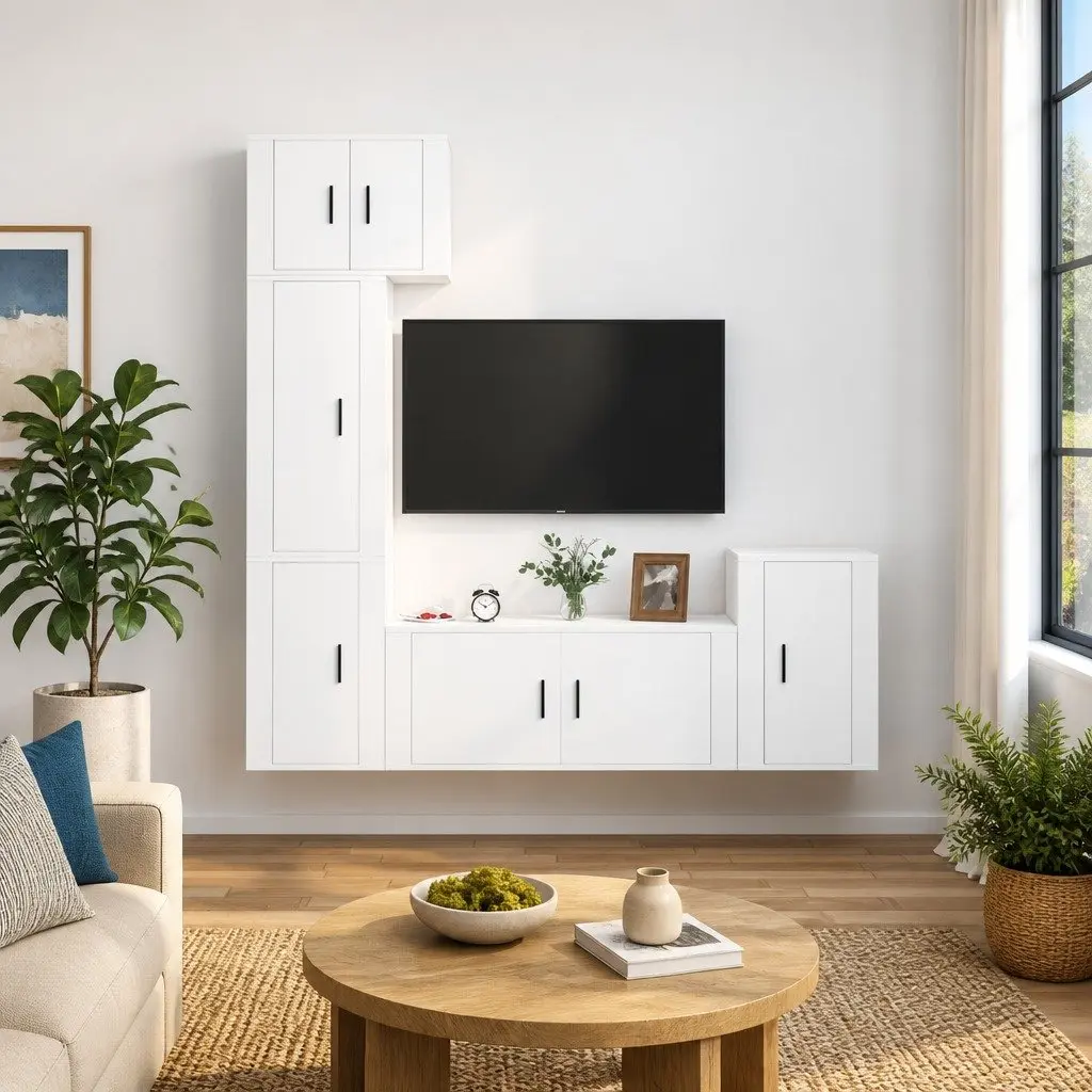 5 Piece White Wall-Mounted TV Cabinet Set in Engineered Wood