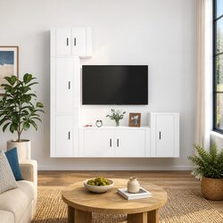 5 Piece White Wall-Mounted TV Cabinet Set in Engineered Wood