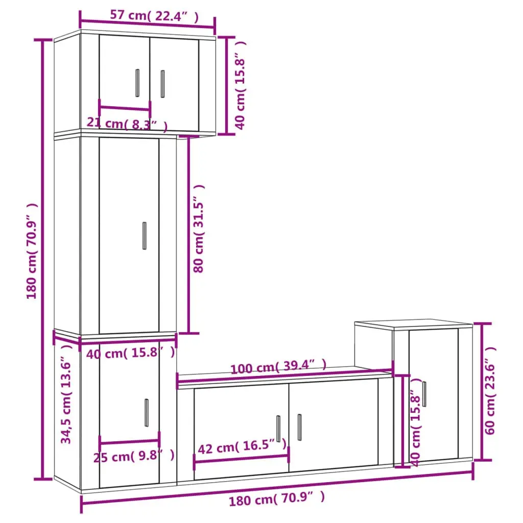 5 Piece White Wall-Mounted TV Cabinet Set in Engineered Wood