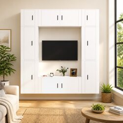 Stylish White Wall-Mounted TV Cabinet Set with 8 Pieces