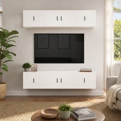 Sturdy Wall-Mounted 6 Piece TV Cabinet Set in White