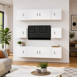 TV Cabinet Set 8 Piece White Wall-Mounted Storage Unit Engineered Wood