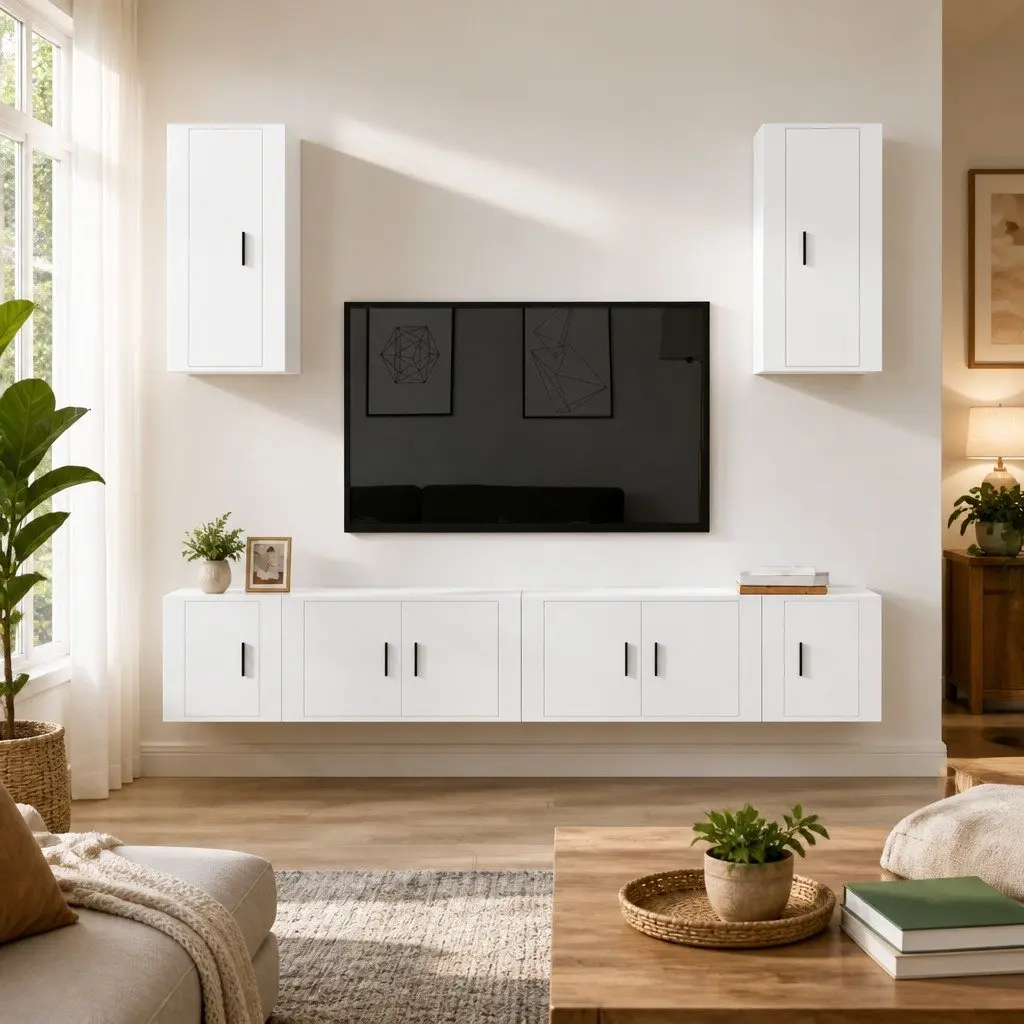 6-Piece White High Gloss Wall-Mounted TV Cabinet Set