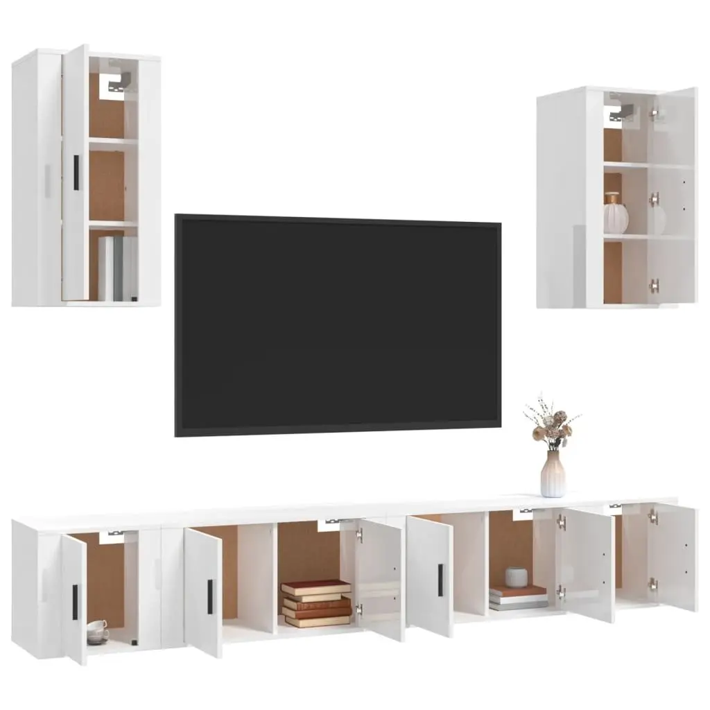 6-Piece White High Gloss Wall-Mounted TV Cabinet Set