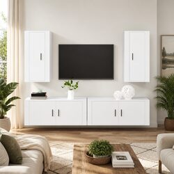 Sturdy 4 Piece Wall Mounted TV Cabinet Set in White