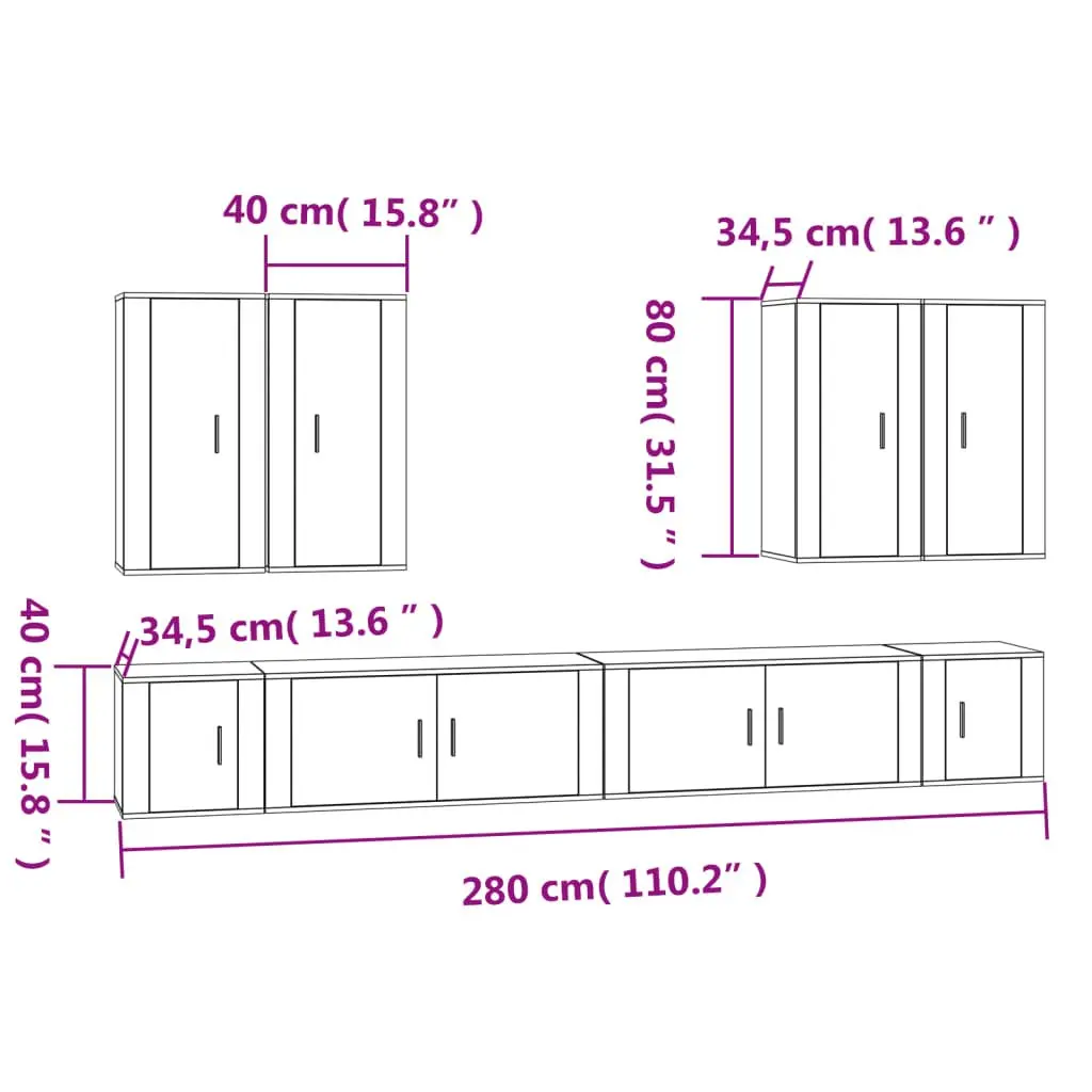 White Engineered Wood 8 Piece Wall Mounted TV Cabinet