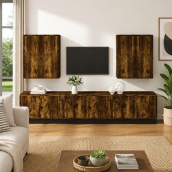 Brown Engineered Wood 8-Piece Wall-Mounted TV Cabinet Set