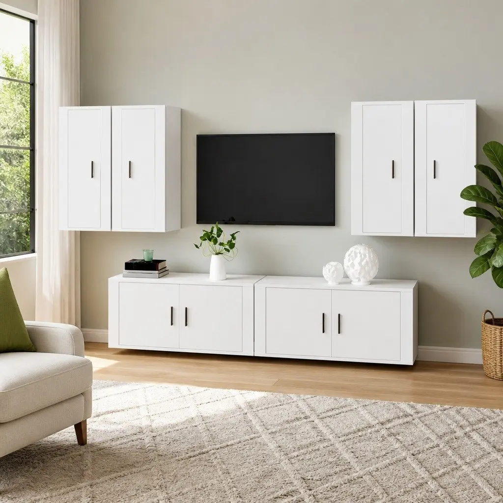 6-Piece White Wall-Mounted TV Cabinet Set