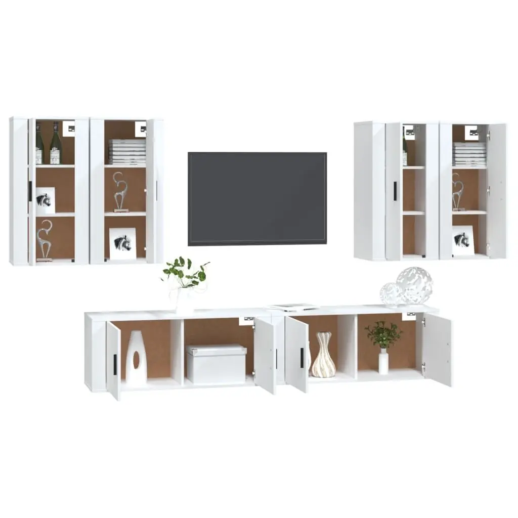 6-Piece White Wall-Mounted TV Cabinet Set