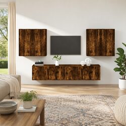 6 Piece TV Cabinet Set Wall Mounted Storage Unit Brown Engineered Wood Furniture