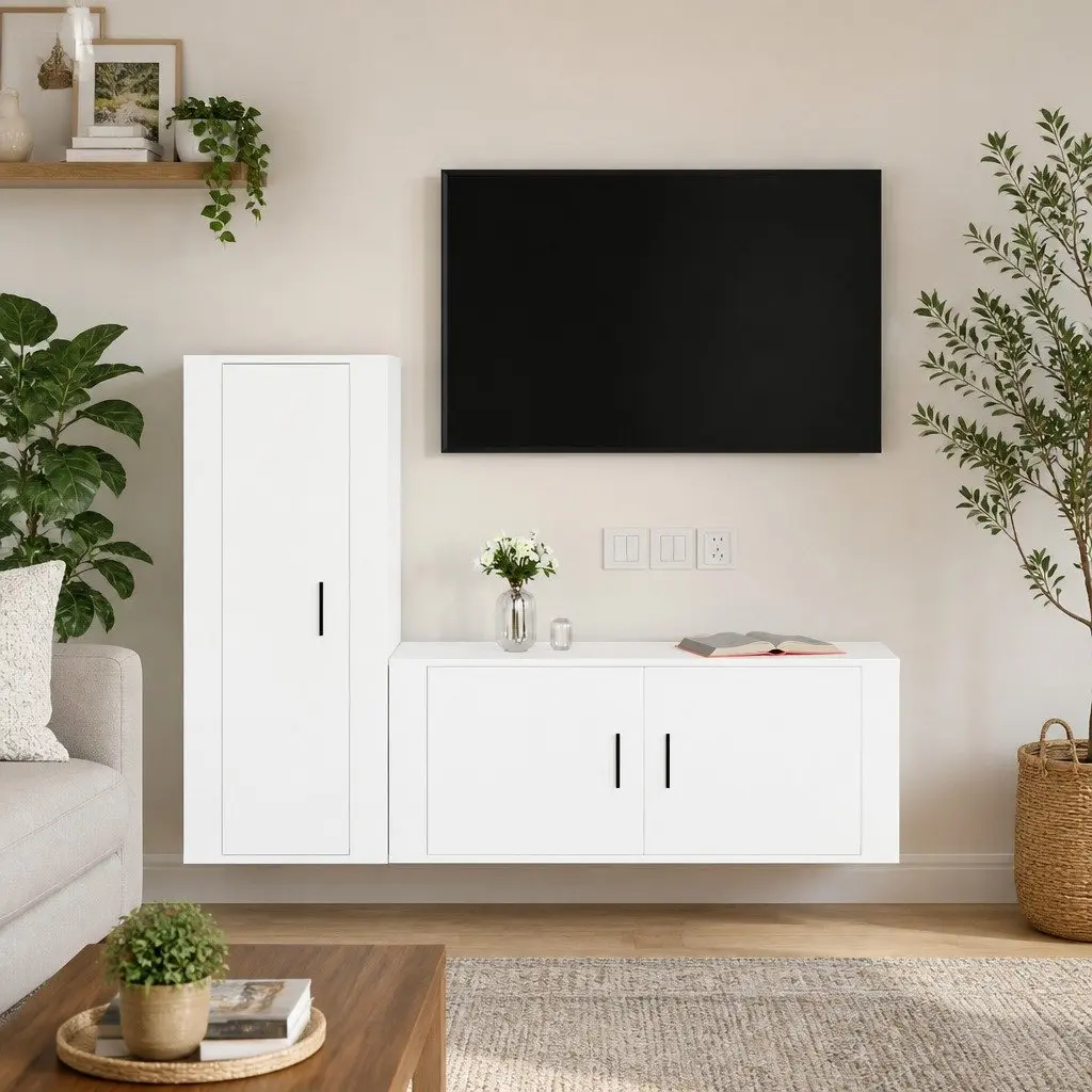 White Wall-Mounted TV Cabinet Set for Media Storage
