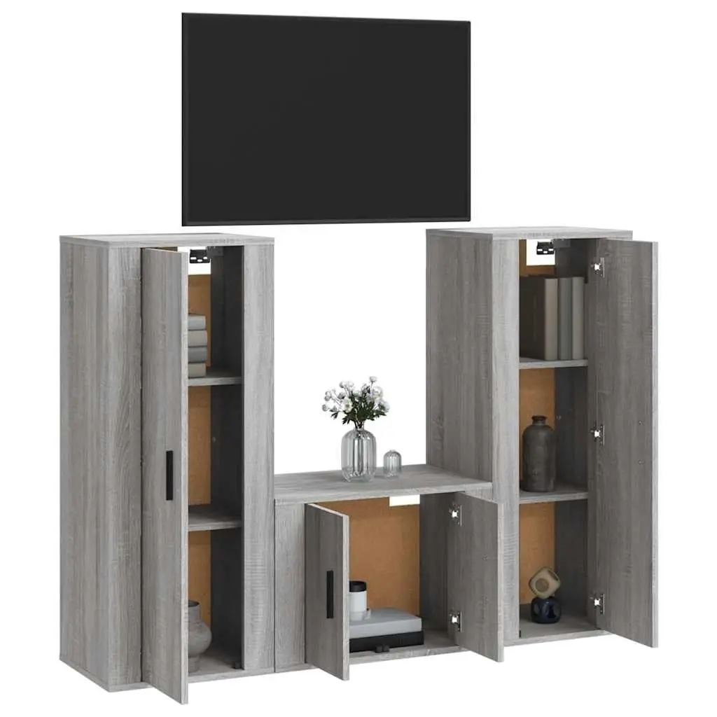 Wall-Mounted TV Cabinet Set 3 Piece Grey Engineered Wood Media Storage Unit