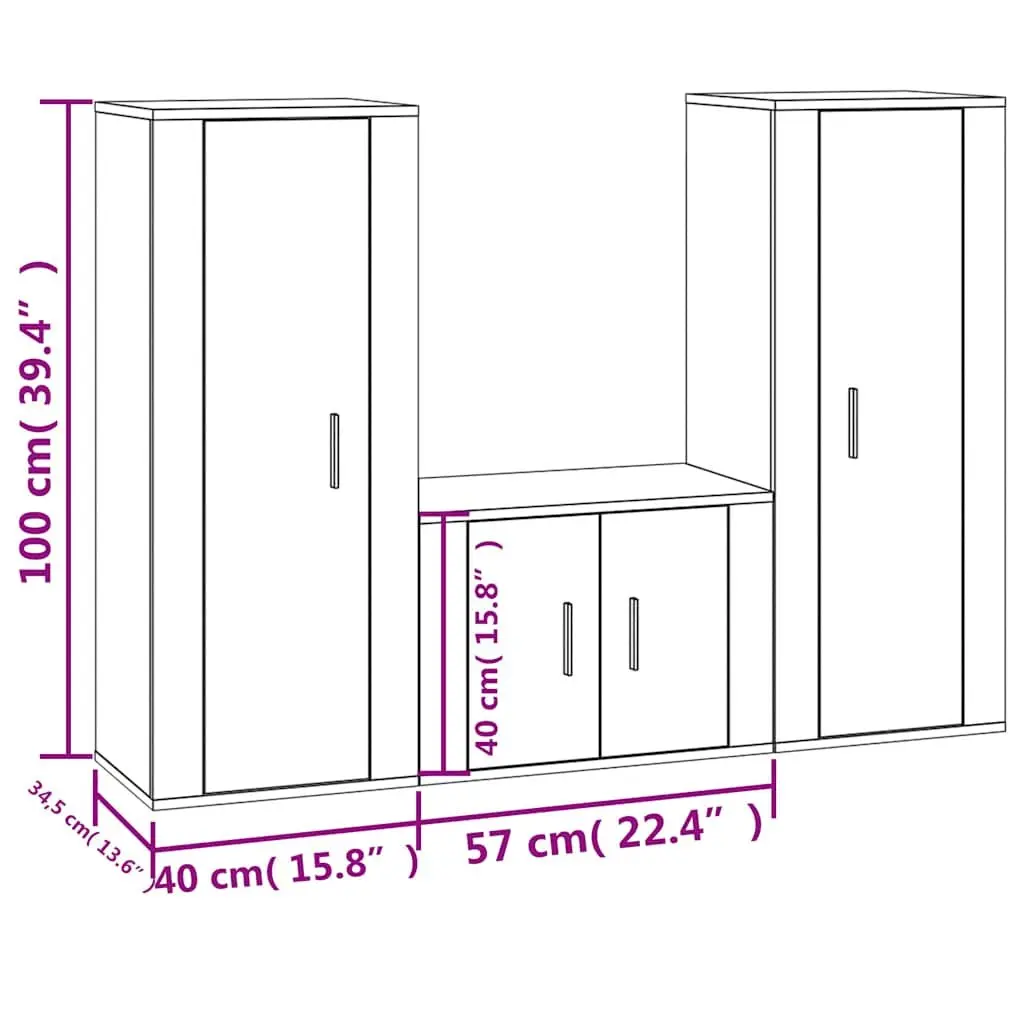 Wall-Mounted TV Cabinet Set 3 Piece Grey Engineered Wood Media Storage Unit