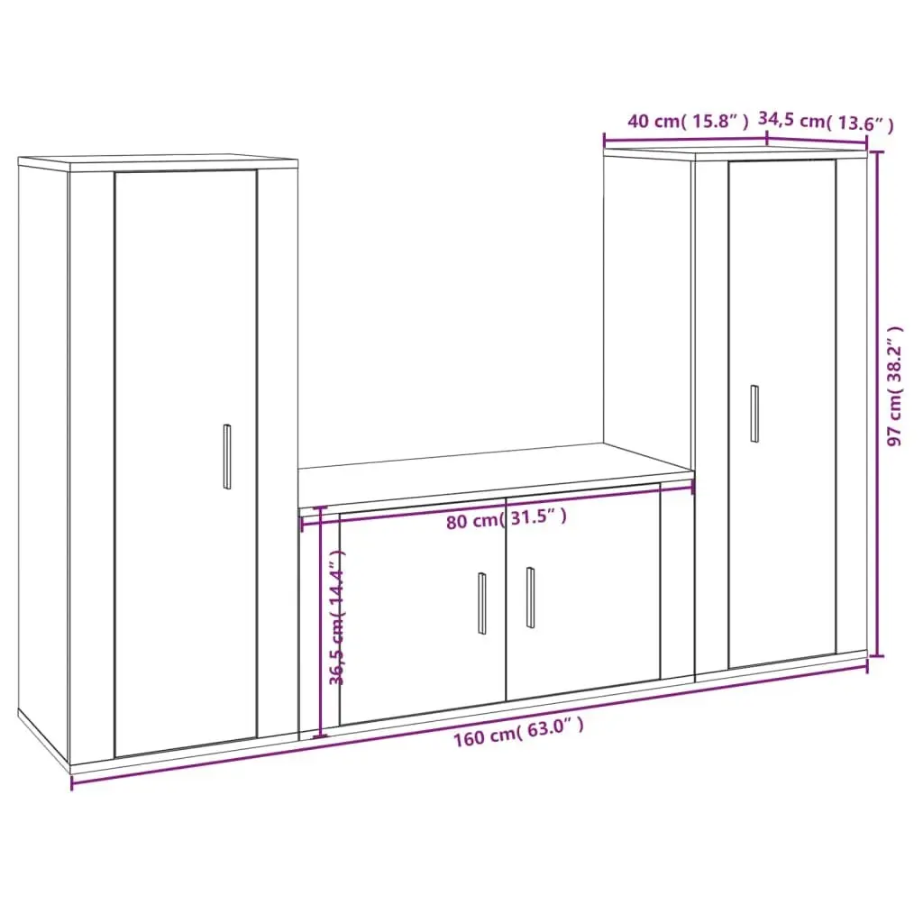 3 Piece TV Cabinet Set Engineered Wood Wall-Mounted High Gloss White