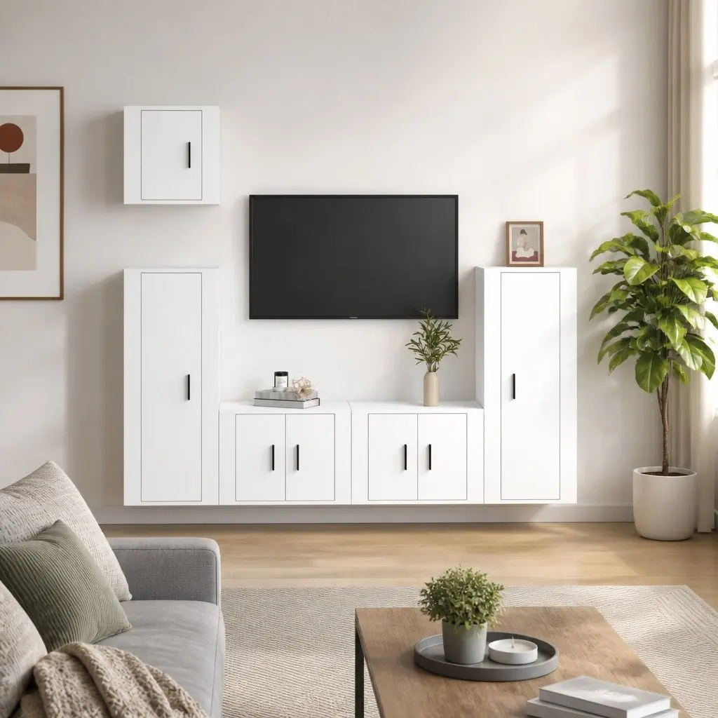 5 Piece Wall-Mounted White Media Cabinet Set