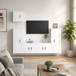 5 Piece Wall-Mounted White Media Cabinet Set