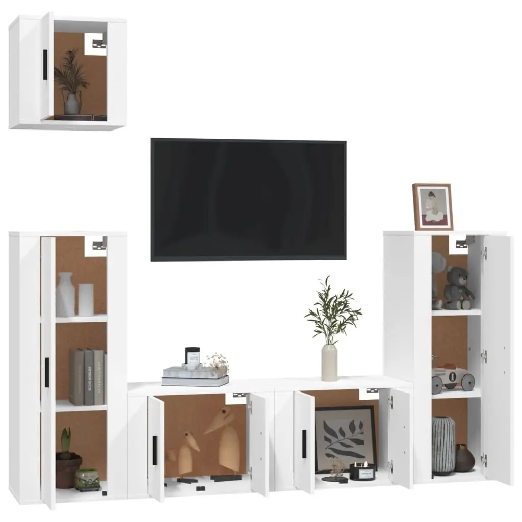 5 Piece Wall-Mounted White Media Cabinet Set