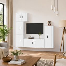 5-Piece White Engineered Wood TV Cabinet Set for Storage