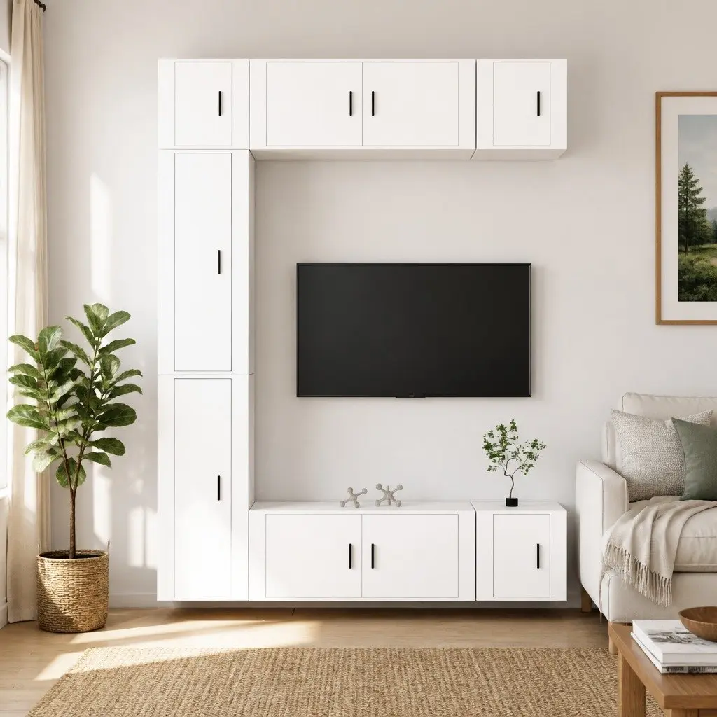 7-Piece White Engineered Wood TV Cabinet Set