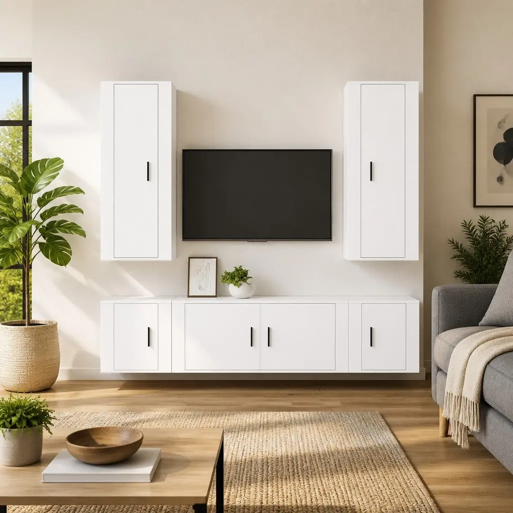 5 Piece TV Cabinet Set Engineered Wood Wall Mounted Storage Media Unit White