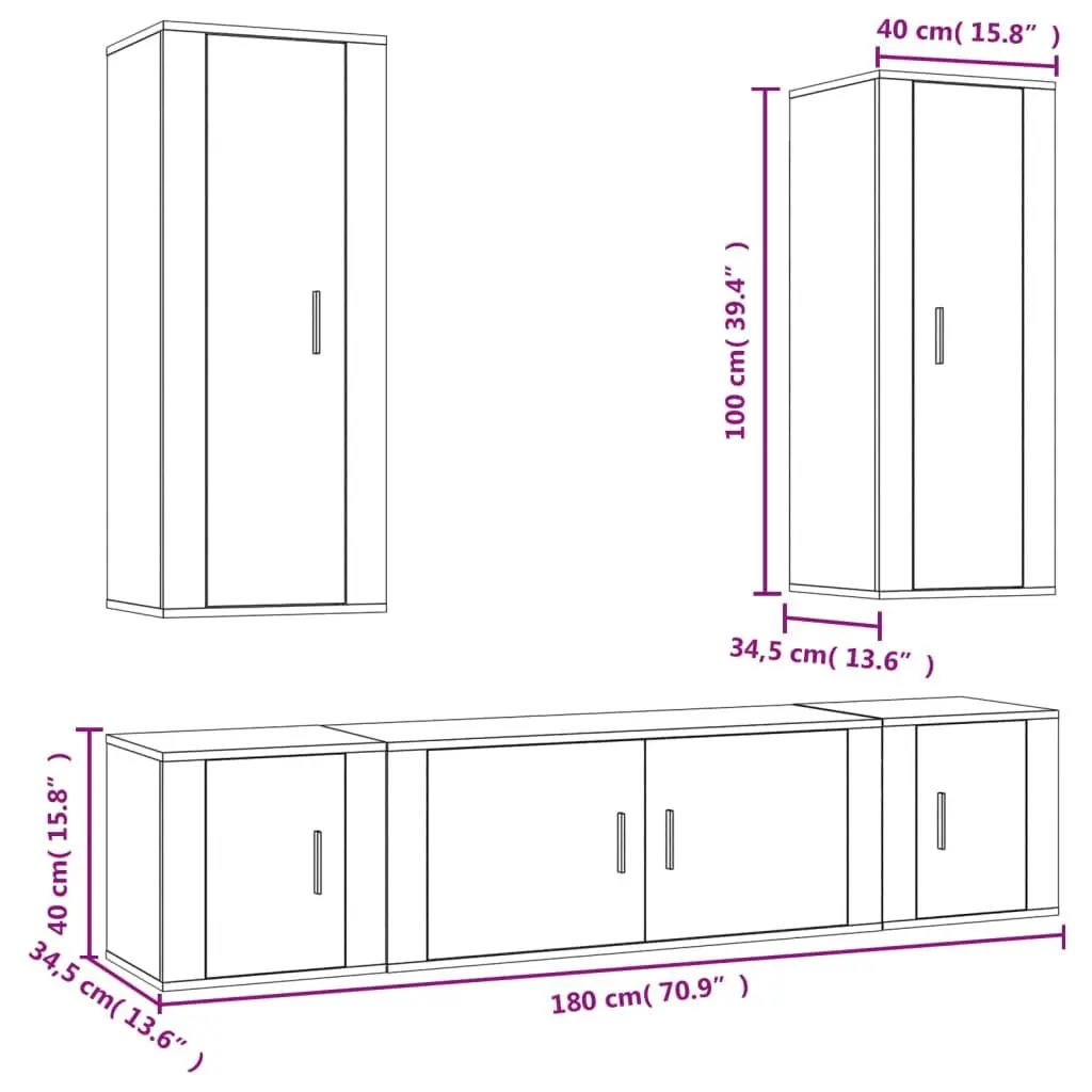 5 Piece TV Cabinet Set Engineered Wood Wall Mounted Storage Media Unit White
