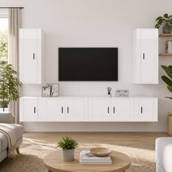 6-Piece High Gloss White Wood Wall-Mounted TV Cabinet Set