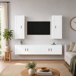 4-Piece White Wall-Mounted Media Unit in Engineered Wood