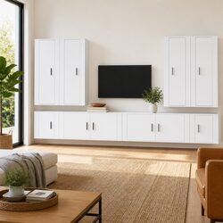 High-Quality White Wall-Mounted TV Cabinet Set 8 Pieces