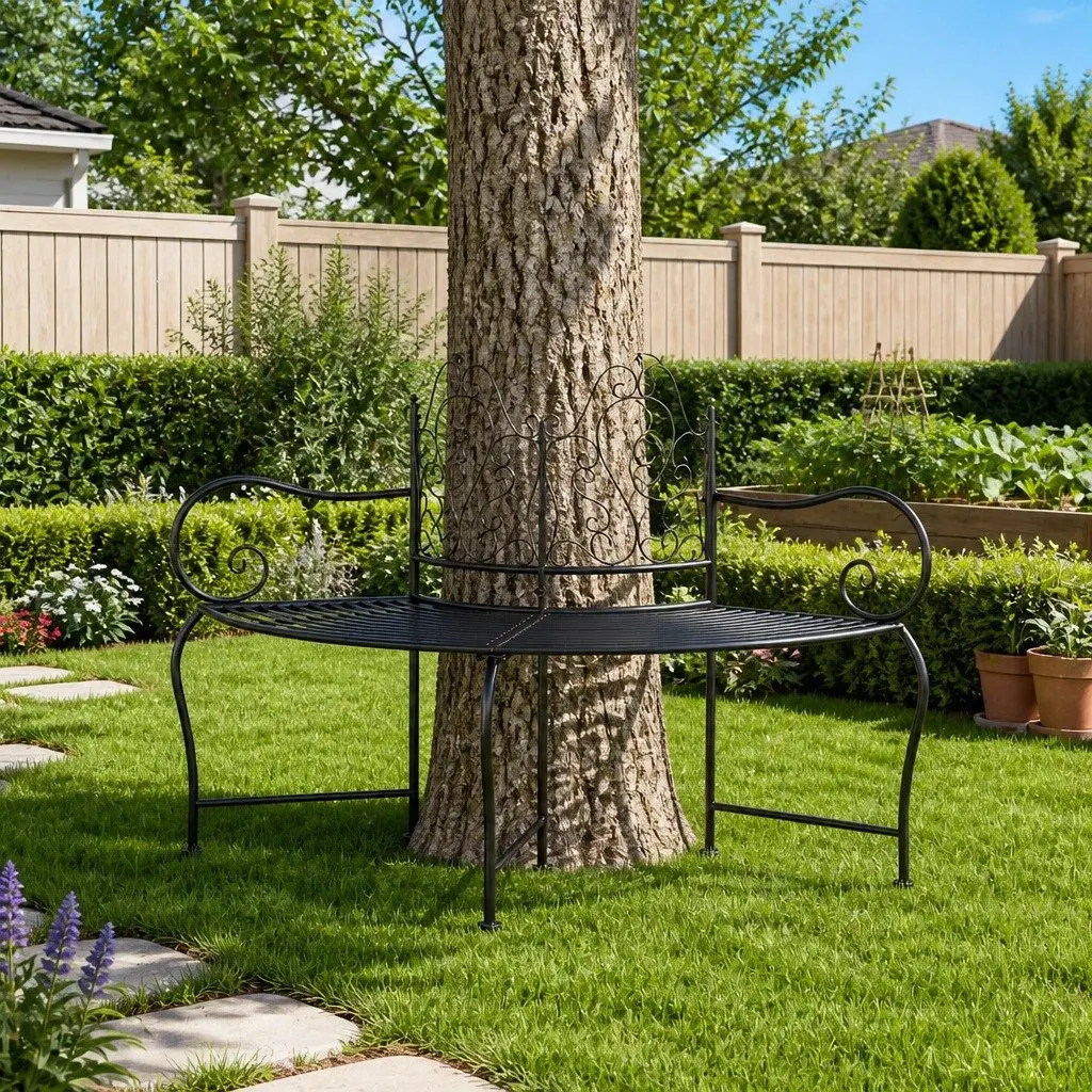 Black Steel Outdoor Tree Bench 150cm