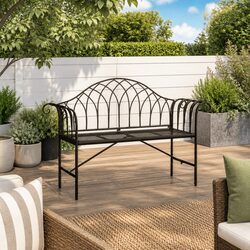 2-Seater Garden Bench 128cm Outdoor Metal Patio Seating Black Steel Frame