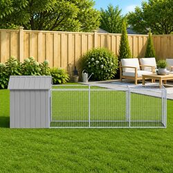 Large Grey Dog House with Run - Durable Outdoor Kennel