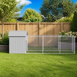 Durable Dog House with Extended Run in Grey Steel