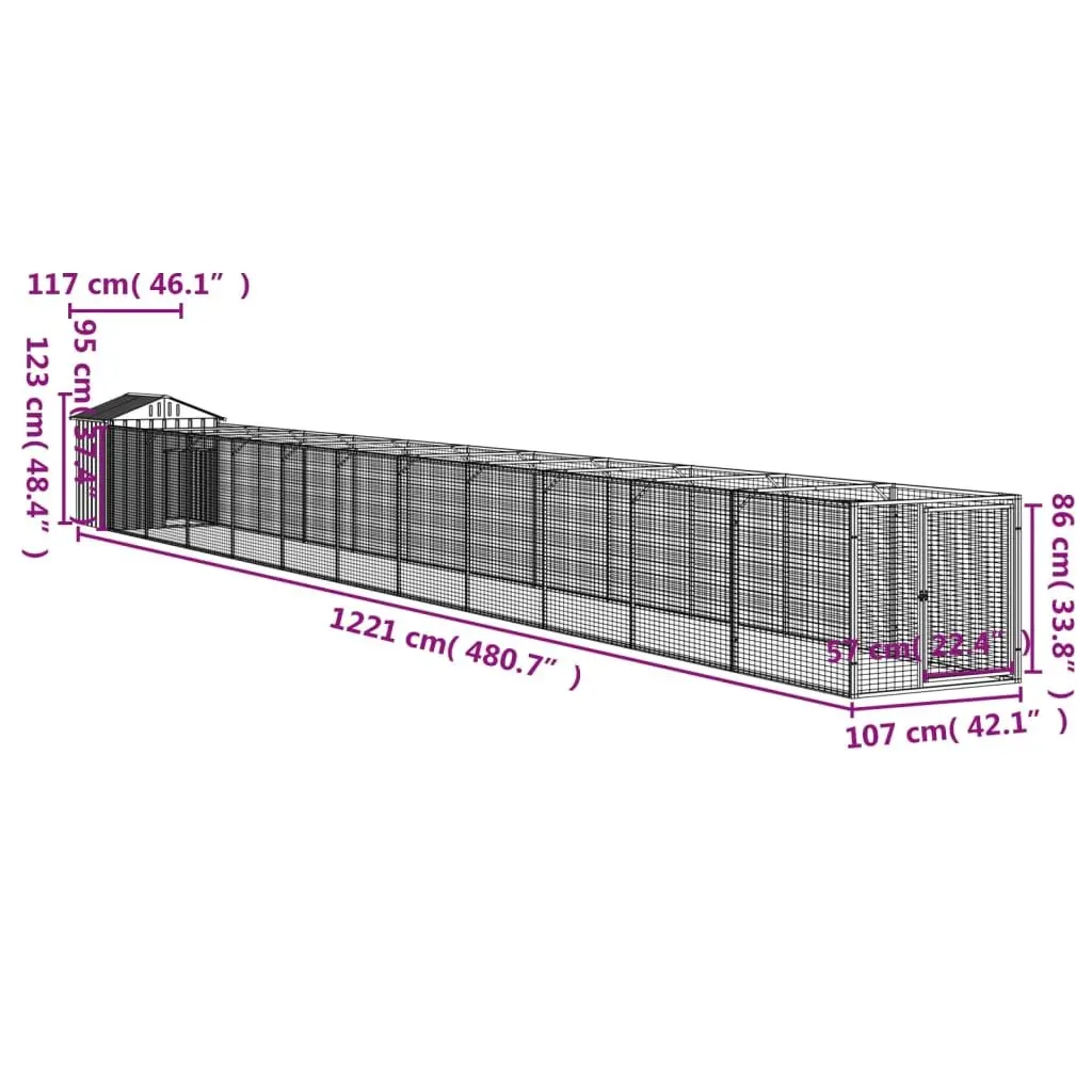 Dog House with Run Mesh Design Galvanised Steel Outdoor Pet Kennel Shelter Grey