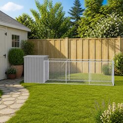 Light Grey Dog House with Run - Durable Steel Enclosure