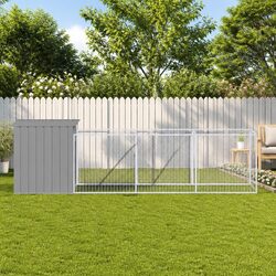 Light Grey Galvanised Steel Dog House with Run