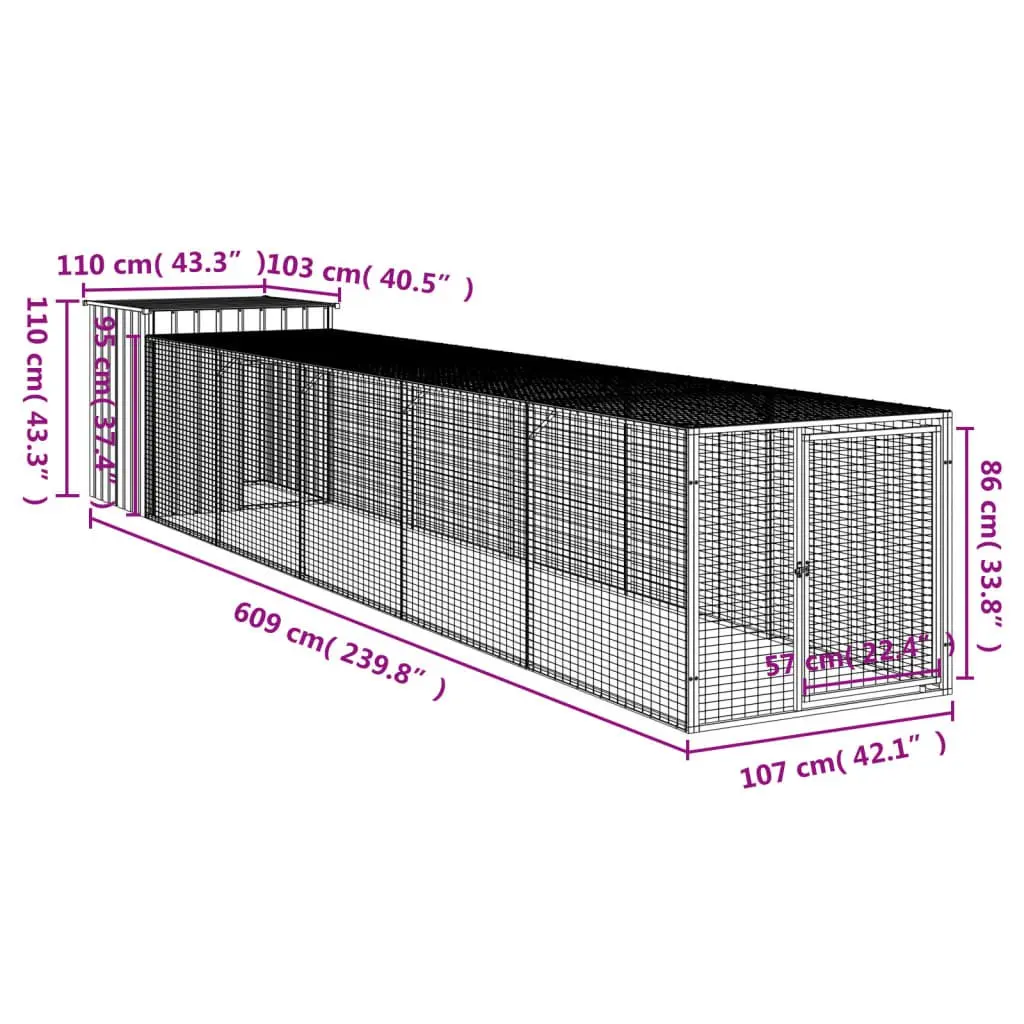 Chicken Cage Anthracite Galvanised Steel with Run 110cm x 609cm x 110cm for Small Animals