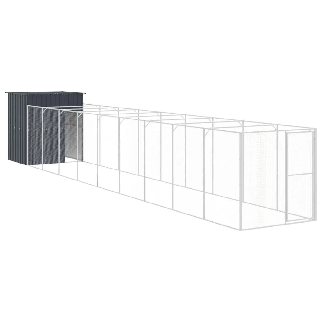 Dog House with Run Galvanised Steel Anthracite Outdoor Pet Kennel Shelter
