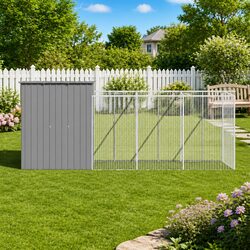 Sturdy Light Grey Galvanised Steel Dog House with Run