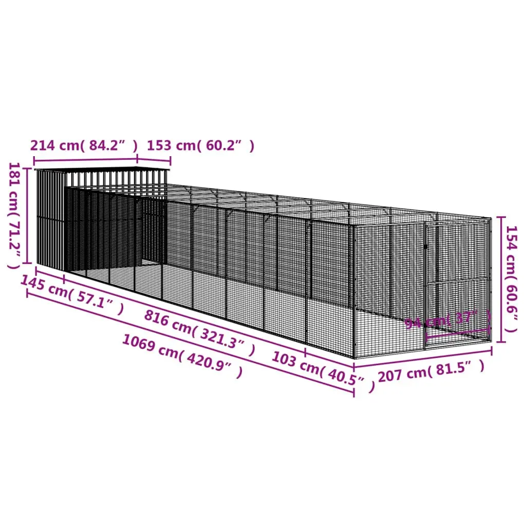 Dog House with Run Galvanised Steel 214 x 1069 x 181 cm Anthracite