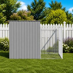Durable Dog House with Run - Light Grey Galvanised Steel