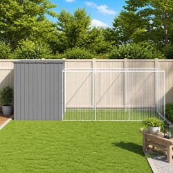 Durable Light Grey Dog House with Run Outdoor Kennel