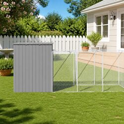 Durable Grey Galvanised Steel Dog House with Extended Run