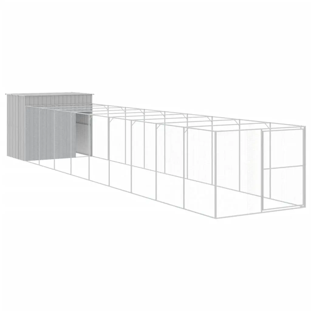 Dog House with Run Grey Galvanised Steel Outdoor Kennel Enclosure Pet Cage