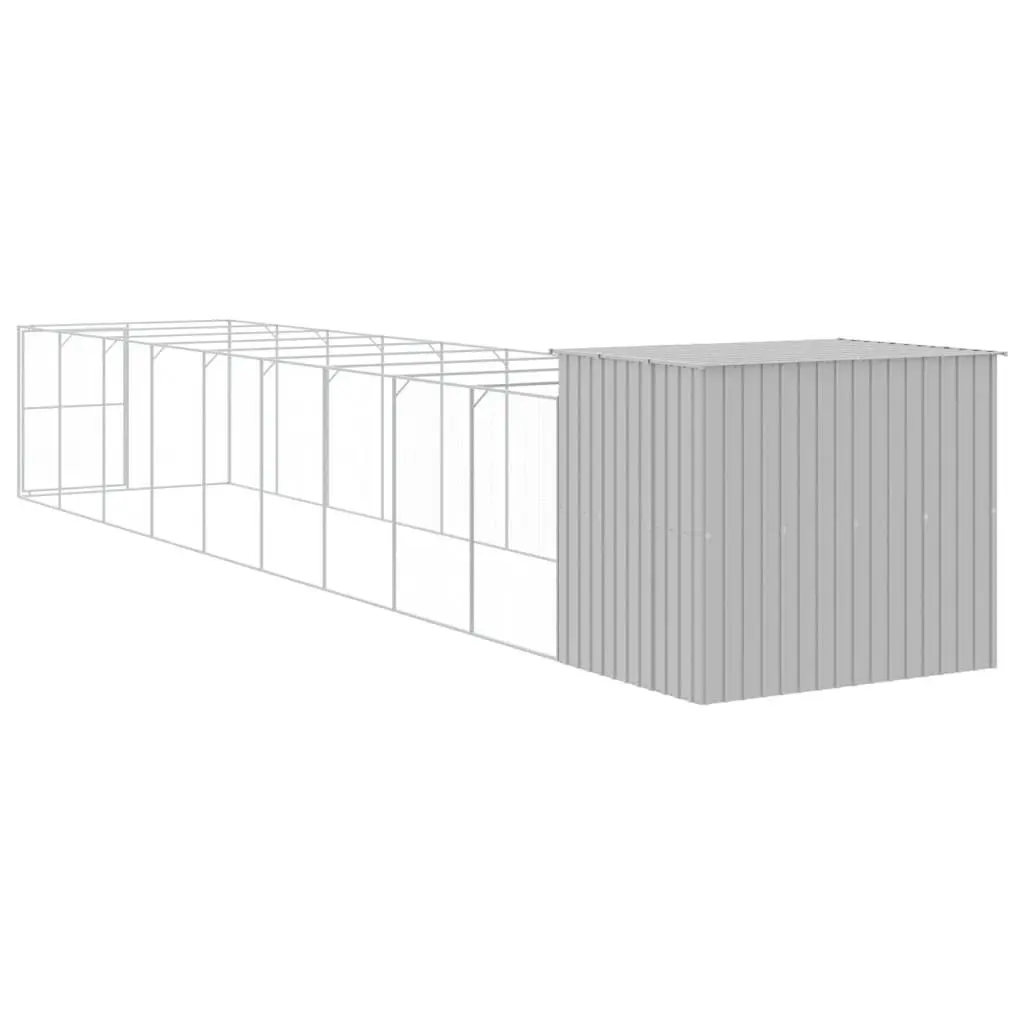 Dog House with Run Grey Galvanised Steel Outdoor Kennel Enclosure Pet Cage