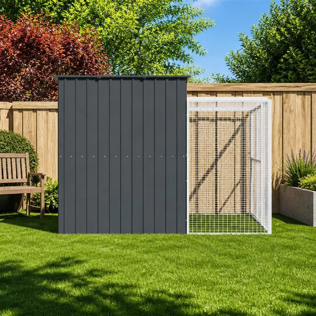 Dog Kennel Galvanised Steel 214 x 253 x 181 cm Anthracite Outdoor Pet House with Run