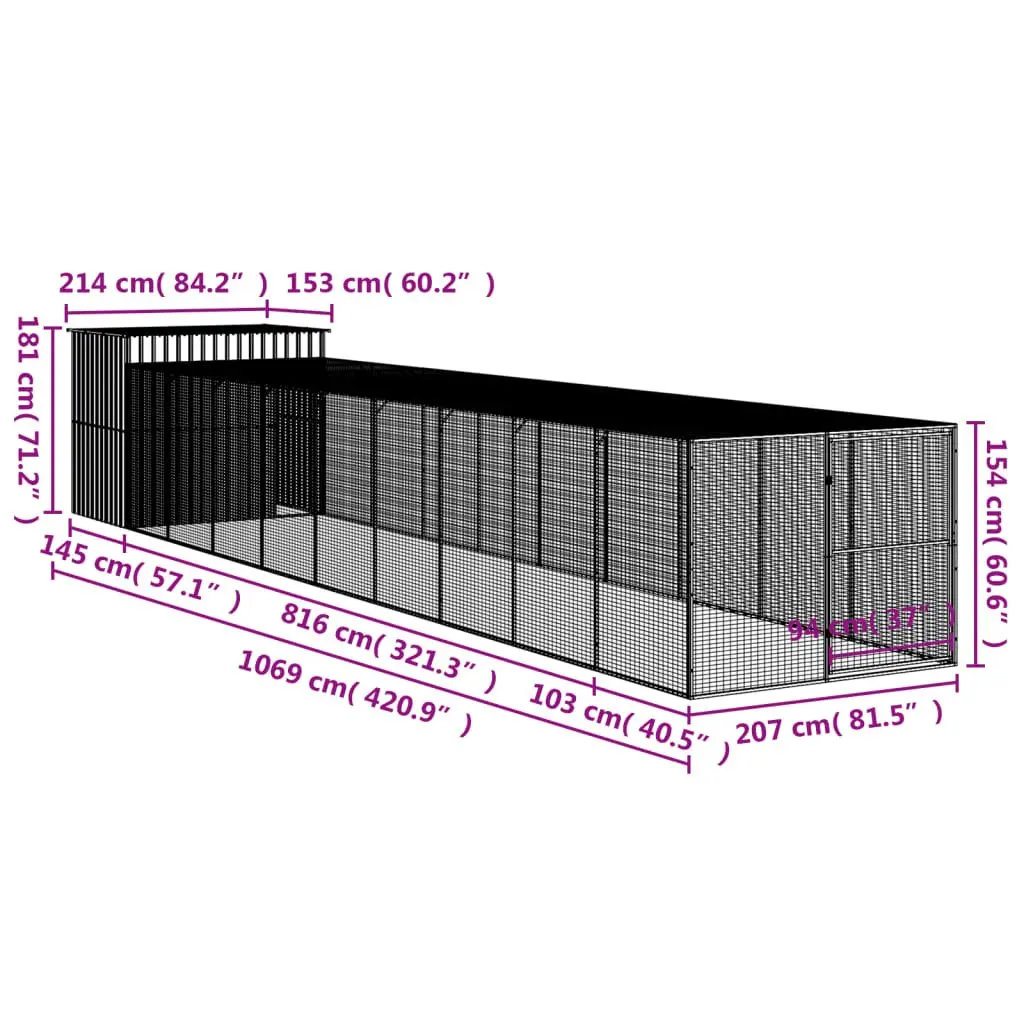 Dog House with Run Galvanised Steel 214 x 1069 x 181 cm Anthracite